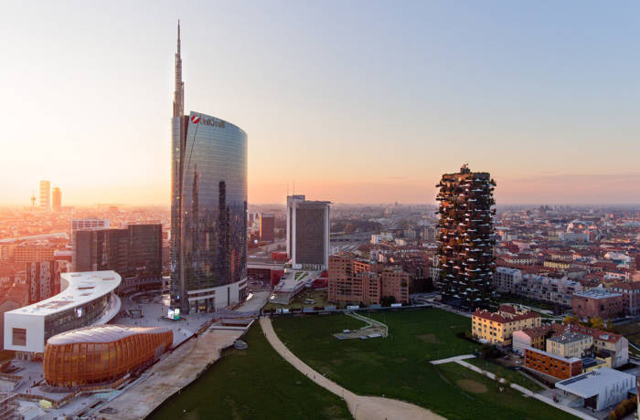 Aerial skyline shot of Milan's Porta Nuova district at sunset