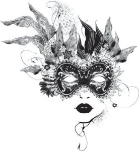 Illustration of a woman wearing an elaborate eye mask