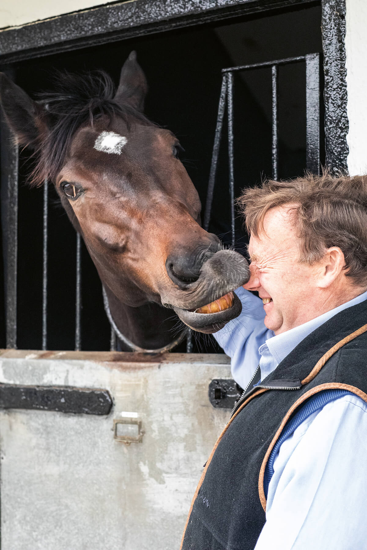 Horse trainer Nicky Henderson picture with a horse kissing his nose