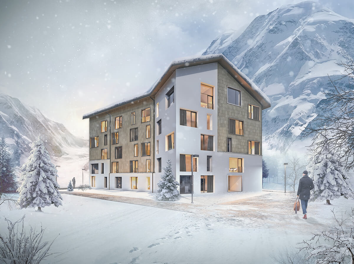 Render of ski chalet in Andermatt in the Swiss Alps