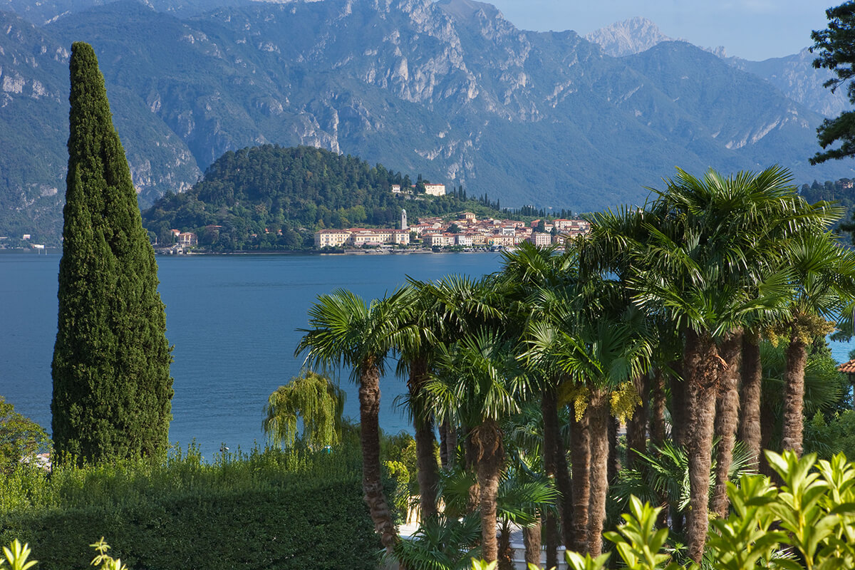 Landscape image of Lake Como in Italy with a pretty village on the lake's banks