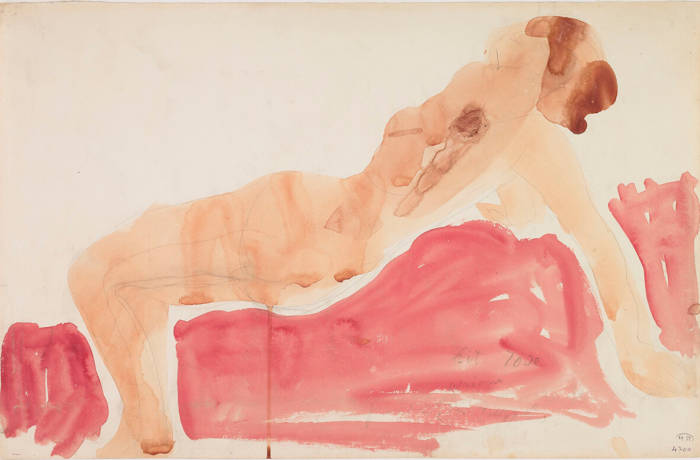 Watercolour drawing of a nude woman in bridge pose by French artist and sculptor Rodin
