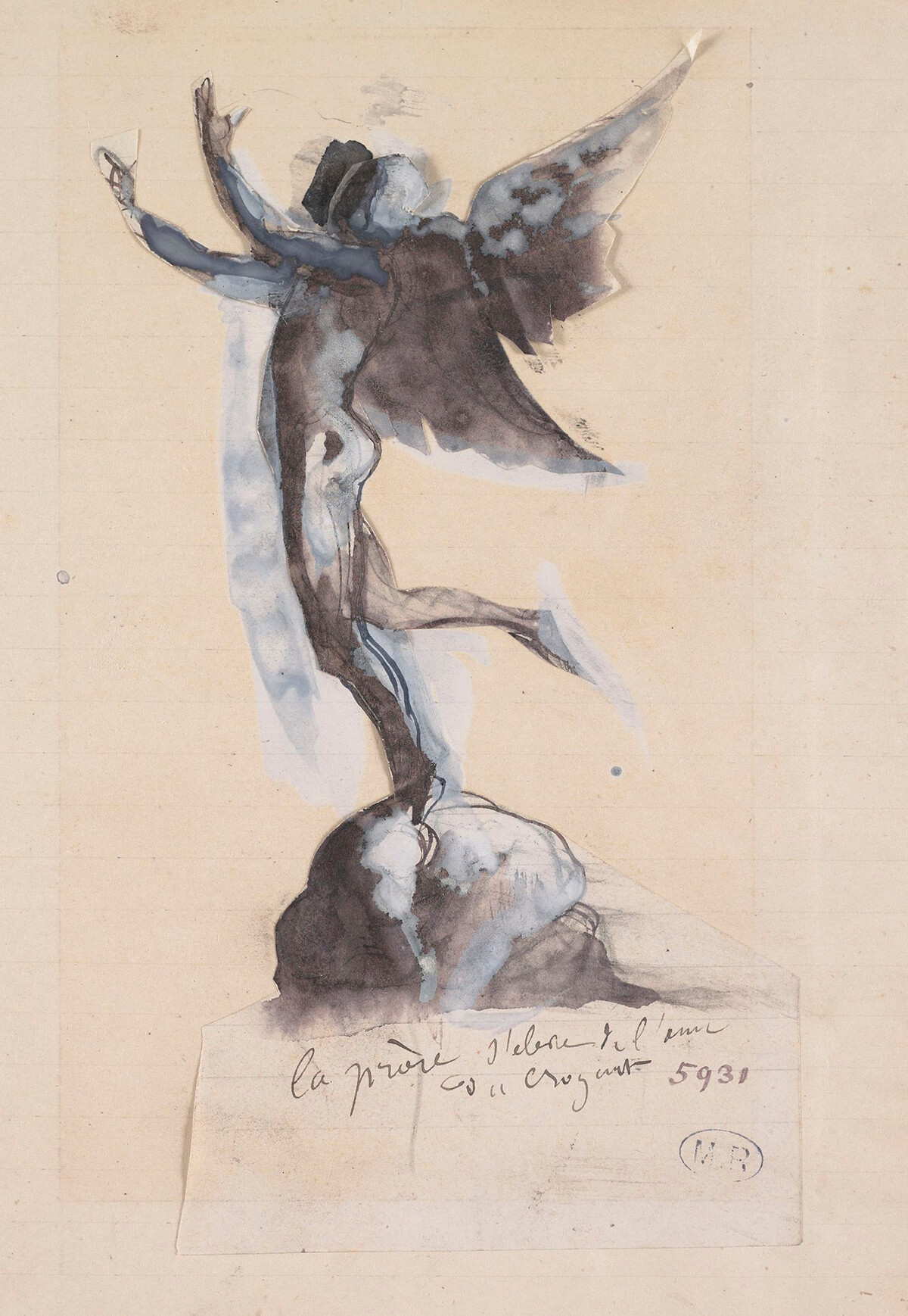 Sculptural painting of a winged figure standing on a stone with arms reaching upwards by artist Rodin