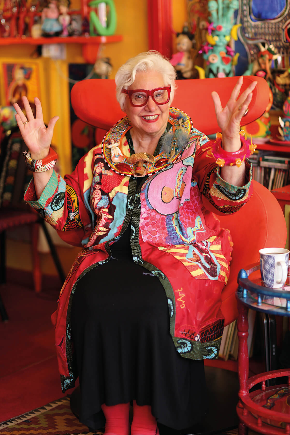 Designer Sue Kreitzman pictured in her East London home