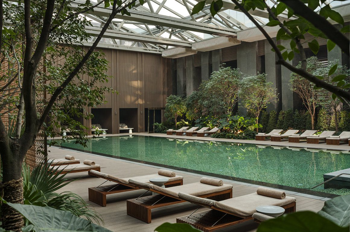 Luxury indoor swimming pool surrounded by plants inside a glass atrium