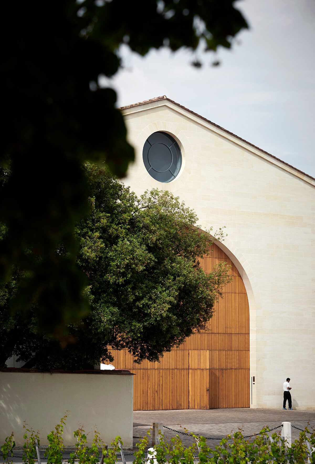 Facade of a classical wine cellar with a huge arched wooden door