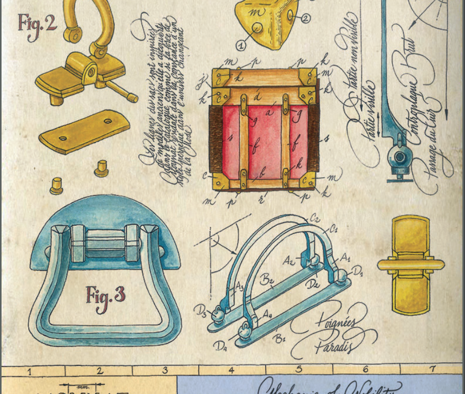 Watercolour design sketches of buckles and clasp fittings by luxury brand Moynat