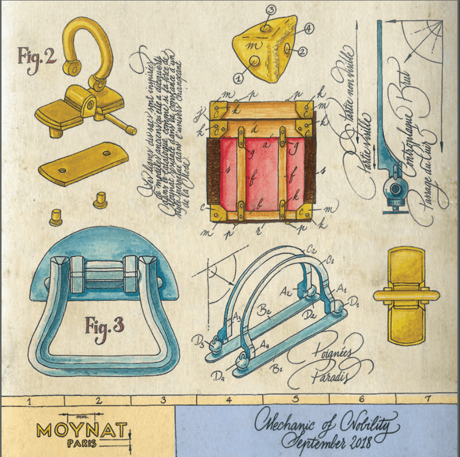 Watercolour design sketches of buckles and clasp fittings by luxury brand Moynat