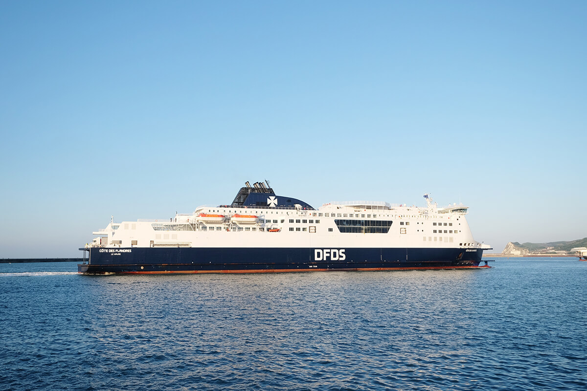 Image of a DFDS ferry floating on the sea