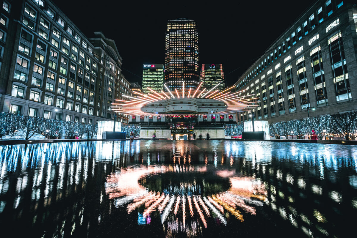 Large public light installation in Canary Wharf, London