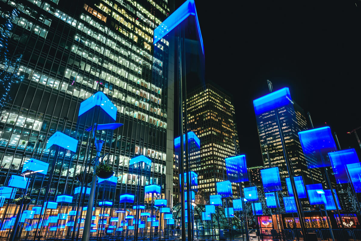 Public art installation of blue LED lights amongst an urban landscape