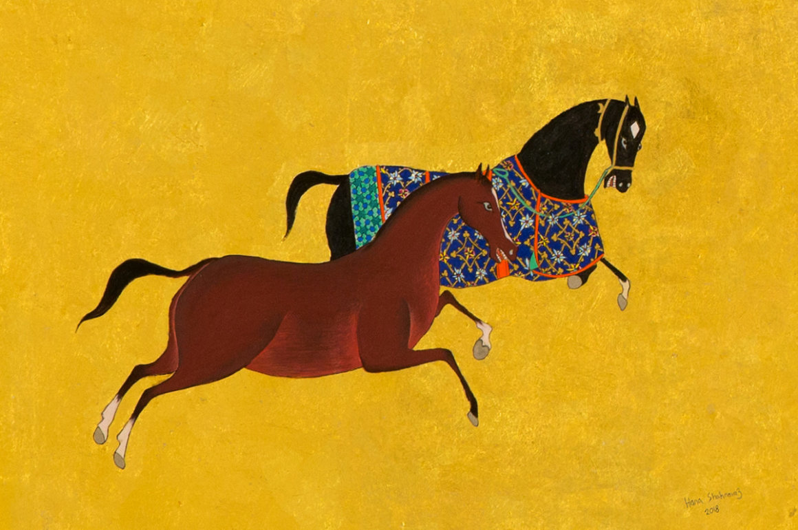 Miniature painting by artist Hana Louise Shahnavaz of galloping horses