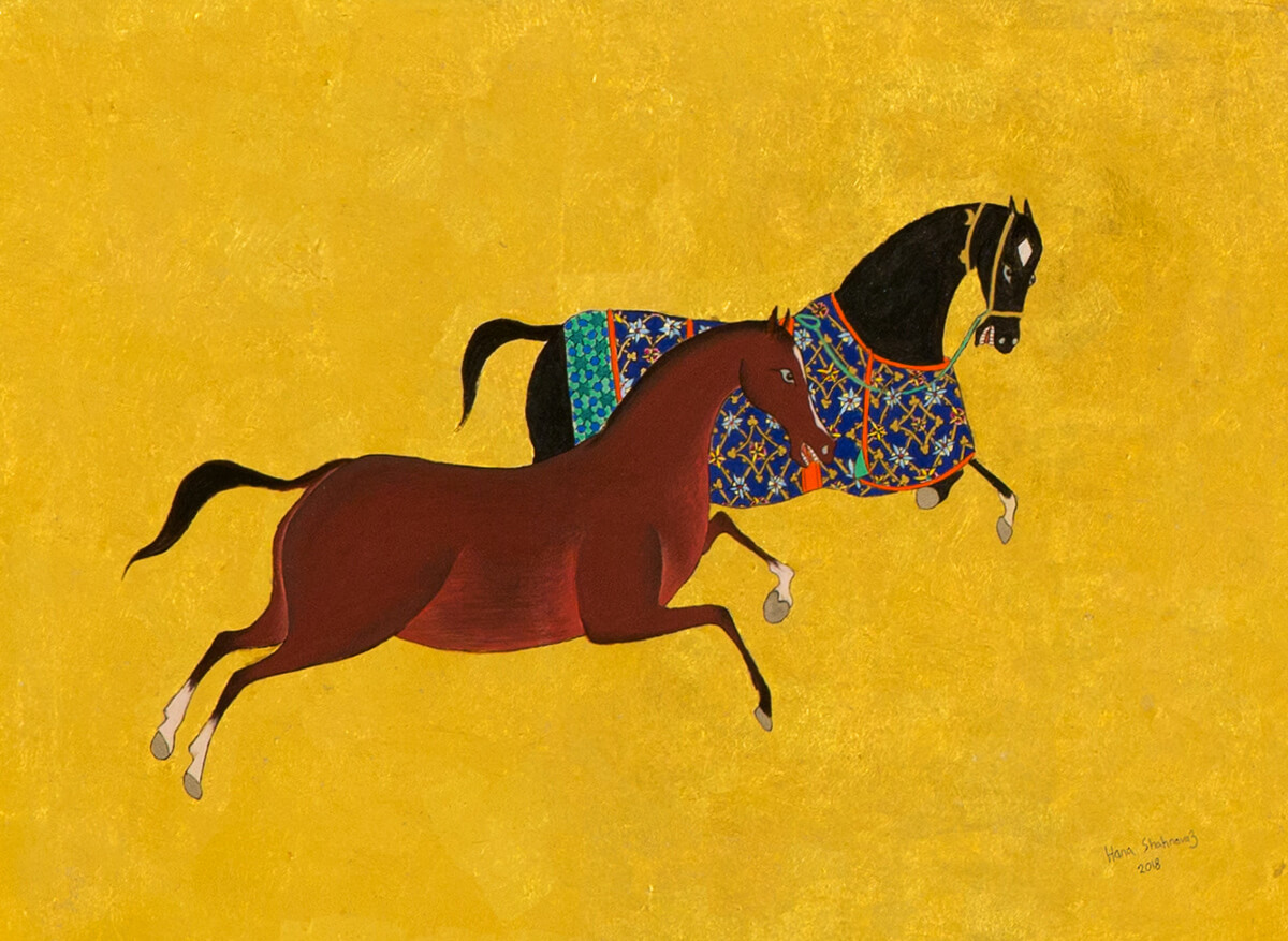 Miniature painting by artist Hana Louise Shahnavaz of galloping horses