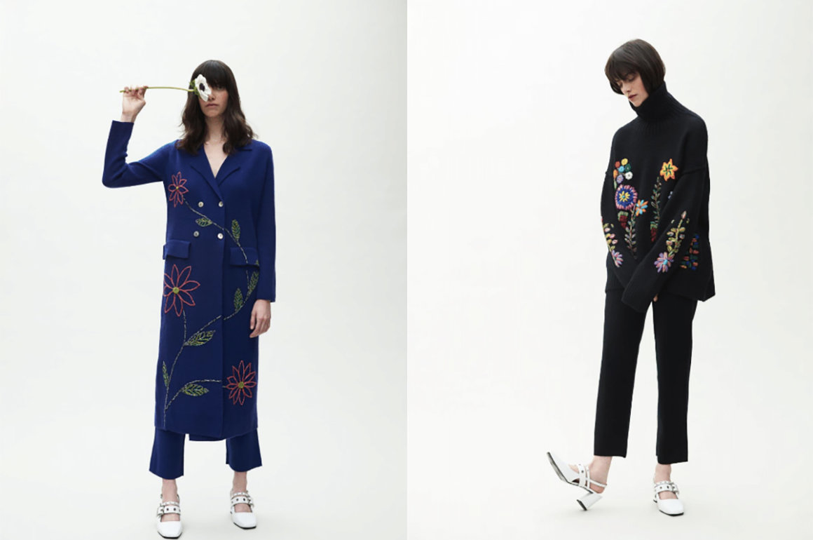 Fashion look book with two images of models wearing suits and white heels