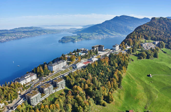 Luxury hotel complex on top of a hill overlooking Lake Lucerne in Swtizerland