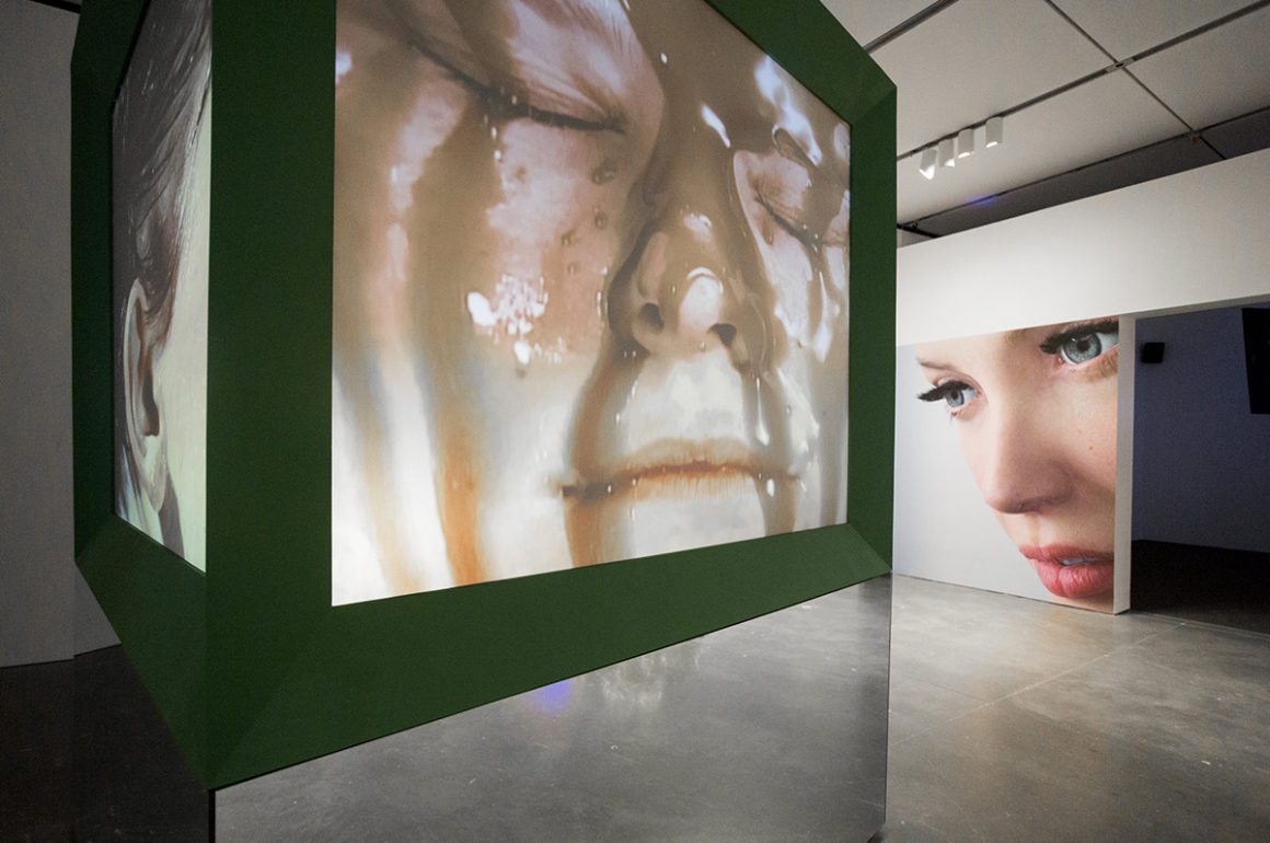 Installation shot of a gallery exhibition showing digital videos