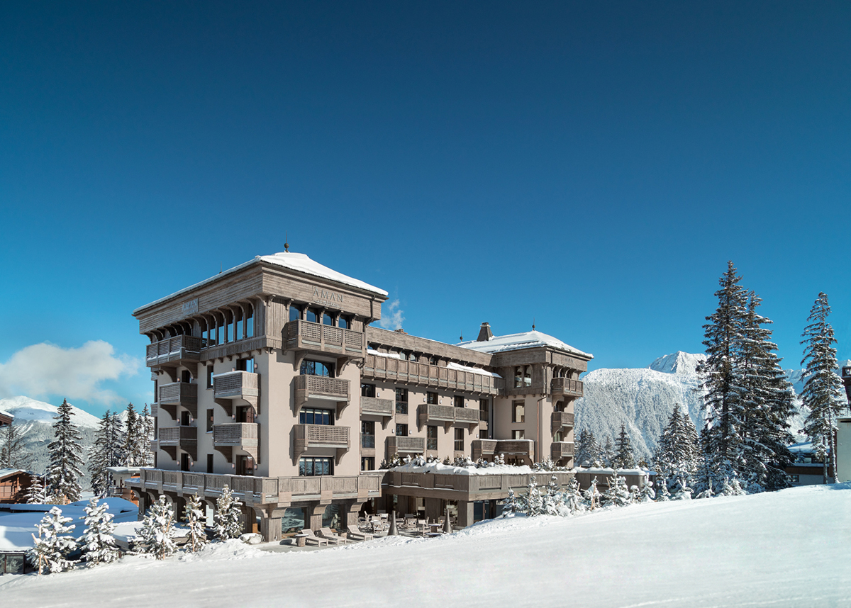 Exterior of luxury ski hotel on the edge of a piste