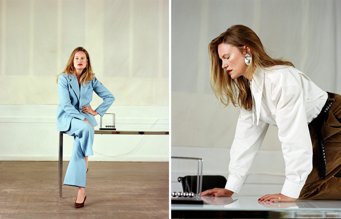 Modelling campaign featuring a mature model wearing chic office wear