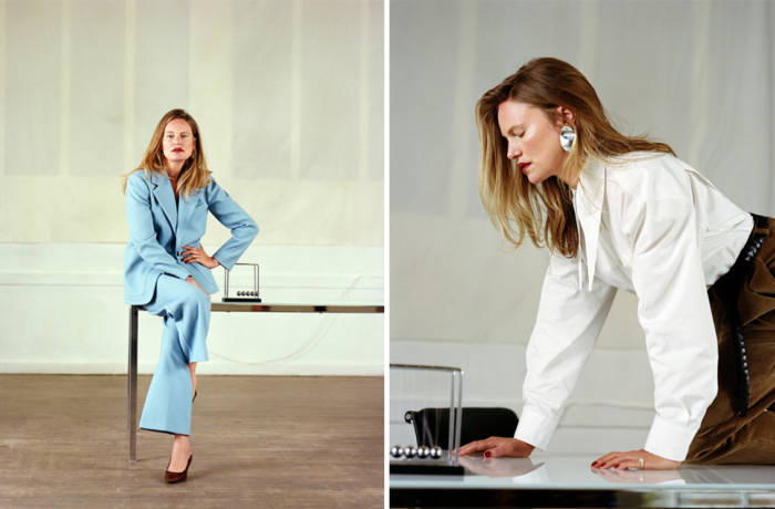 Modelling campaign featuring a mature model wearing chic office wear
