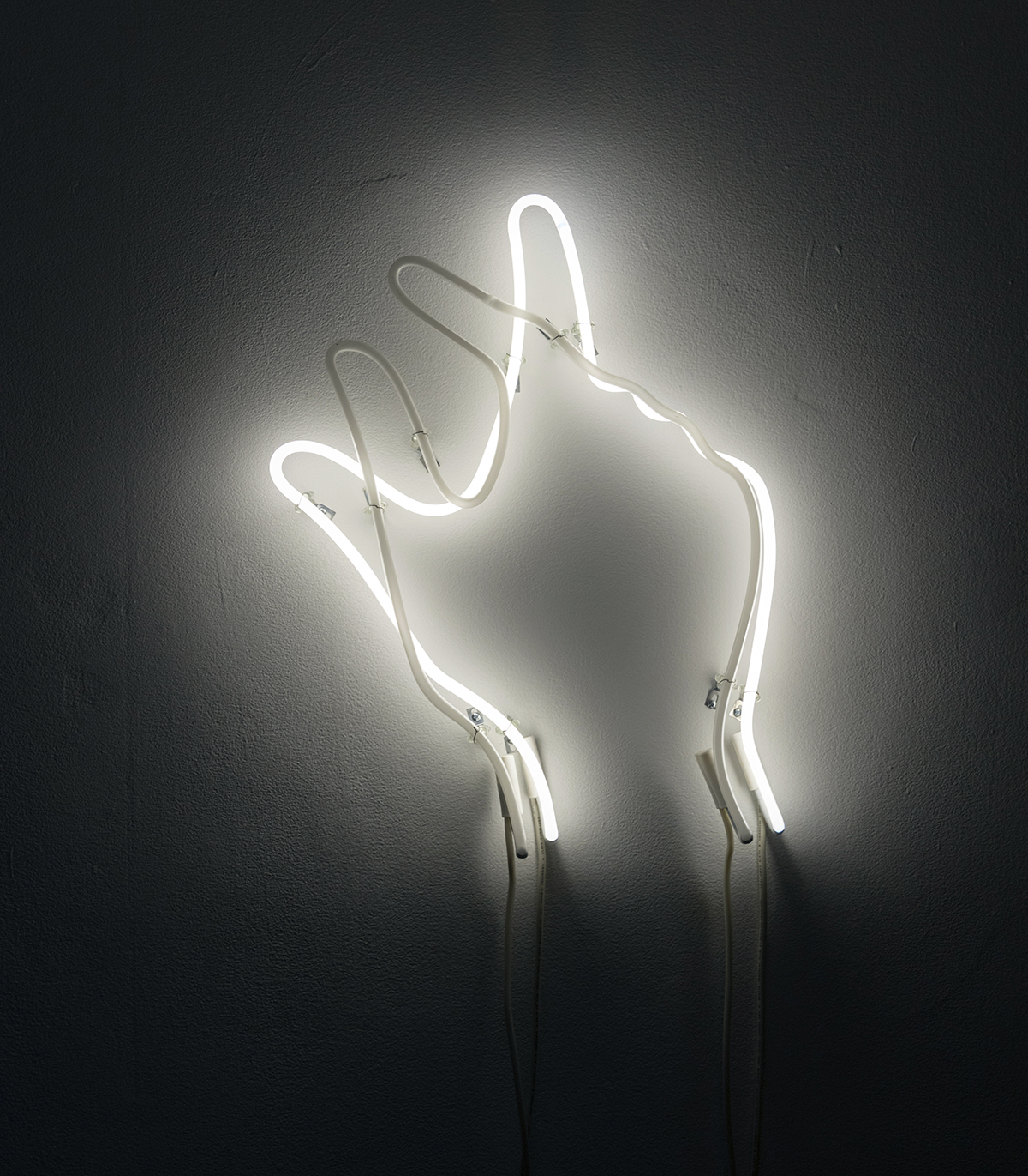 Neon light artwork depicting a hand pinching by Victoria Fu