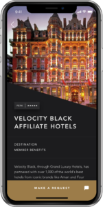 Velocity Black app showing hotel booking service