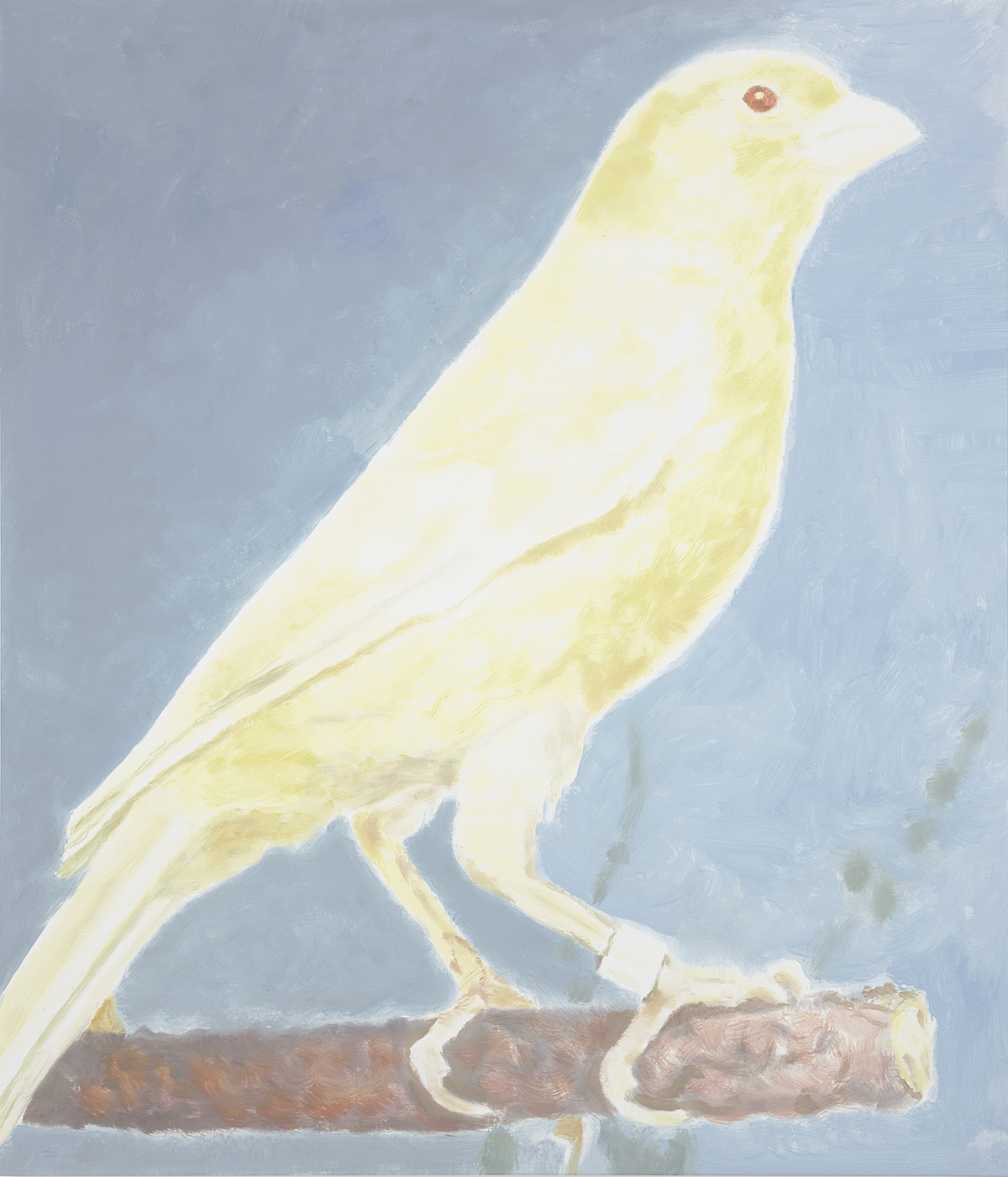 Painting of a bird sitting on a branch against a blue background
