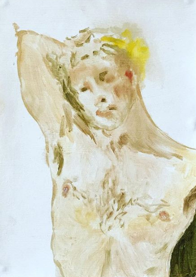 Painted portrait of a male nude with one arm tucked behind the head