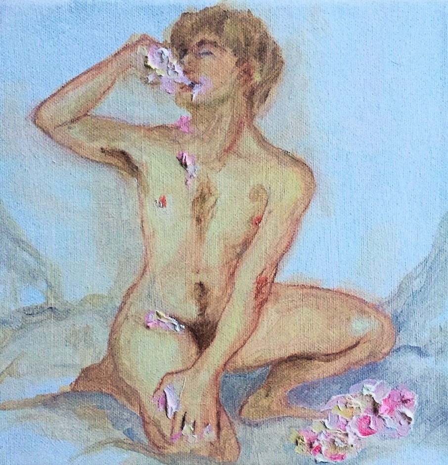 A painting of a seated male nude