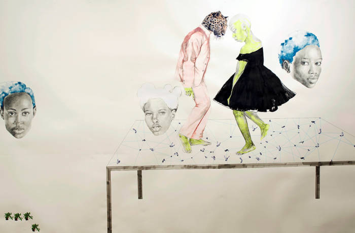 Large horizontal drawing of hybrid characters dancing on a table
