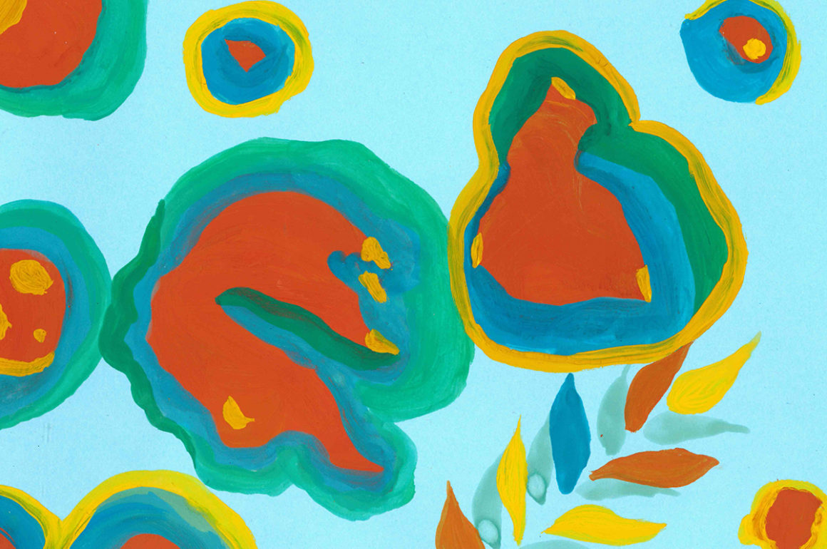 Abstract artwork of microbe type shapes floating in a colourful background