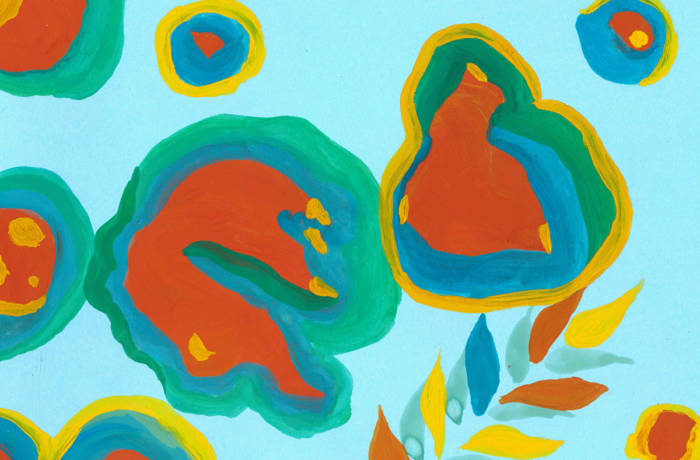 Abstract artwork of microbe type shapes floating in a colourful background