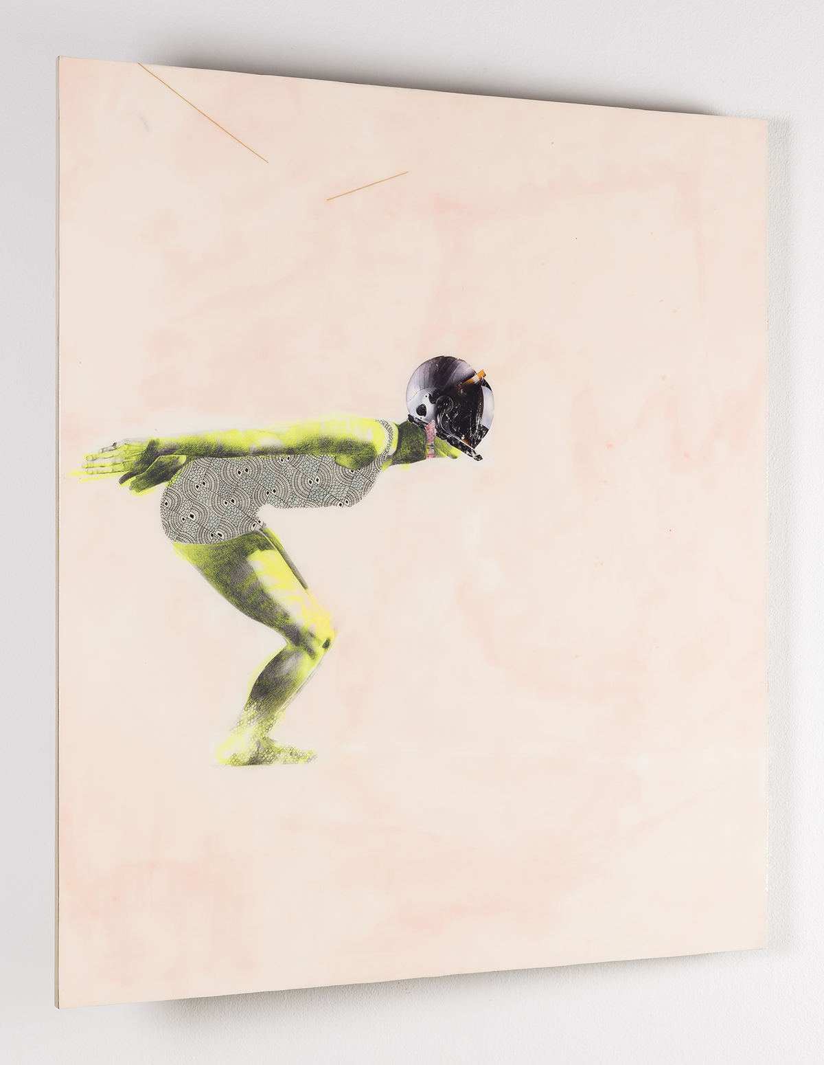 ruby onyinyechi amanze's drawing of an abstract figure crouched in a diving pose against a pale pink background