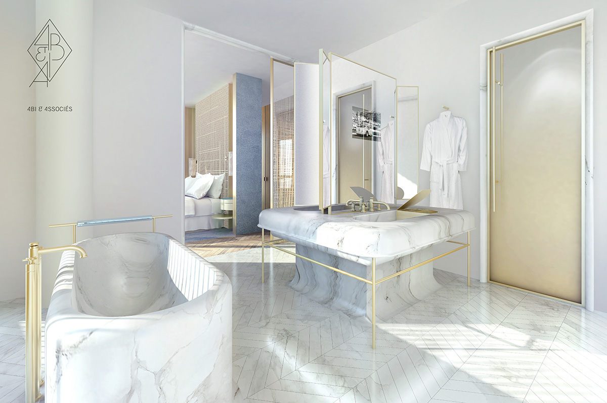 Architectural render of a luxurious marble bathroom
