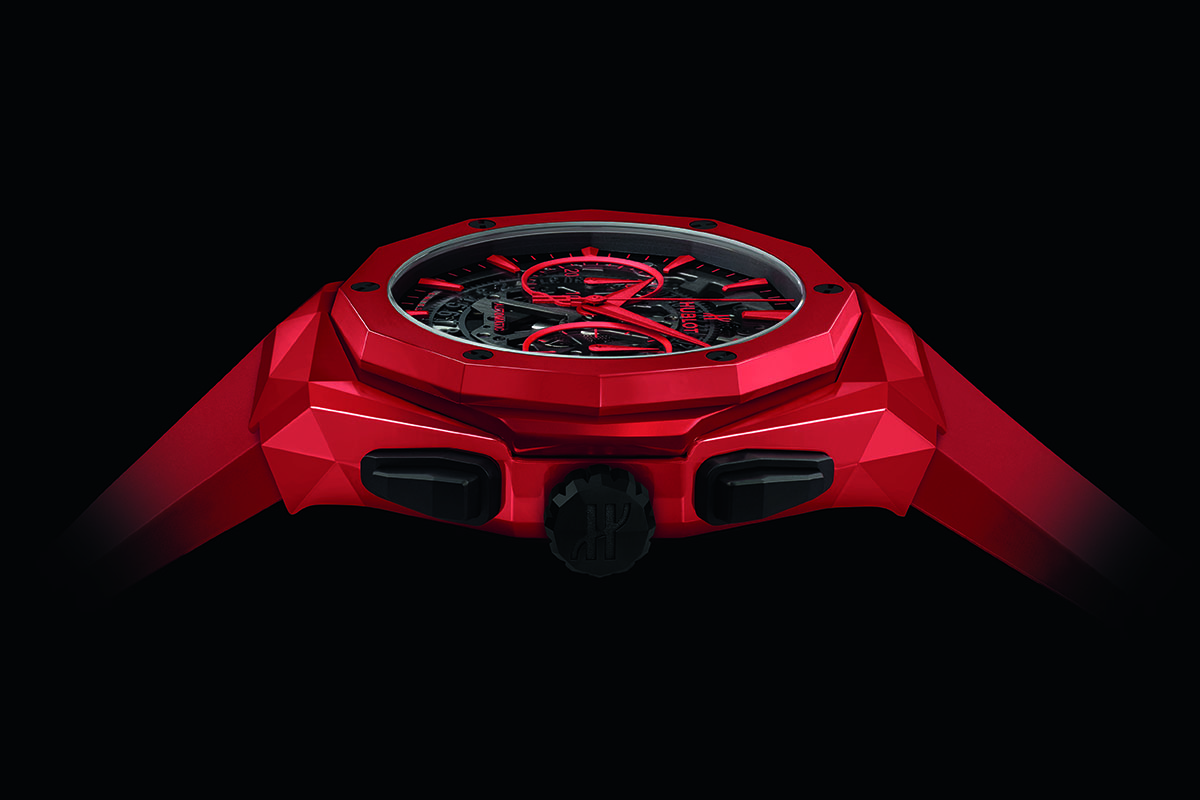 Side view of a red wristwatch