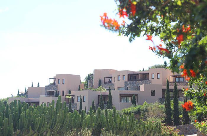 Luxury hotel cottage rooms made from red clay with cactus trees in the foreground