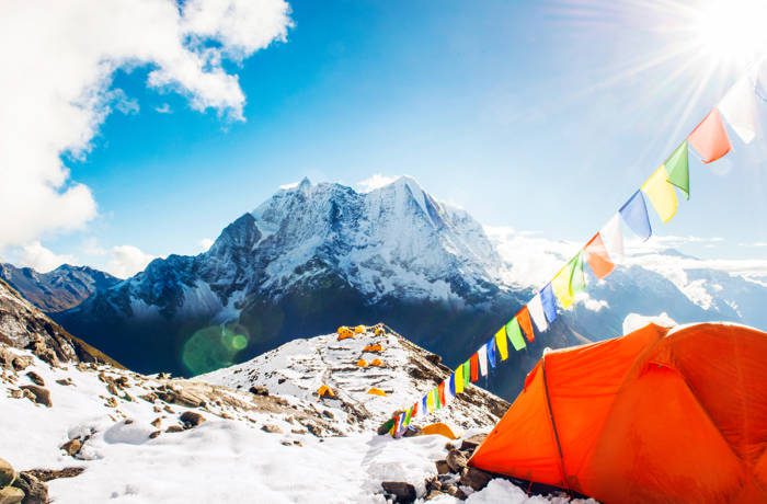 Base camp of mount everest with mountains in the background