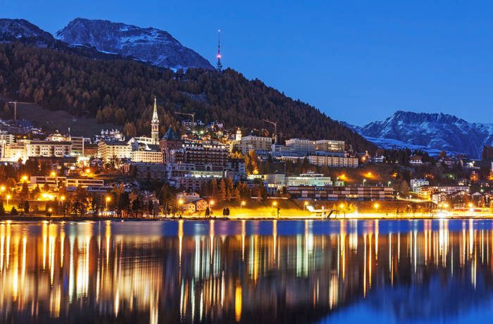 Nighttime view of ski resort village St Moritz