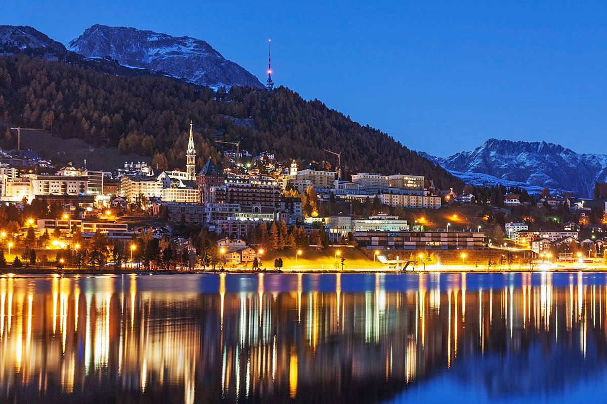 Nighttime view of ski resort village St Moritz