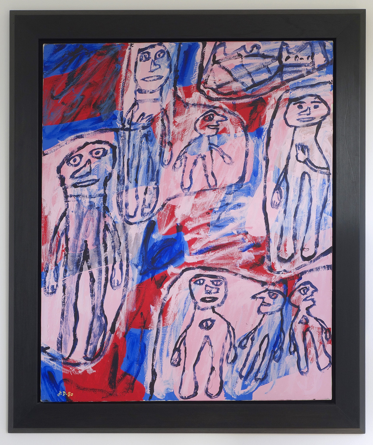 Abstract painting featuring multiple figures in pink, red and blue