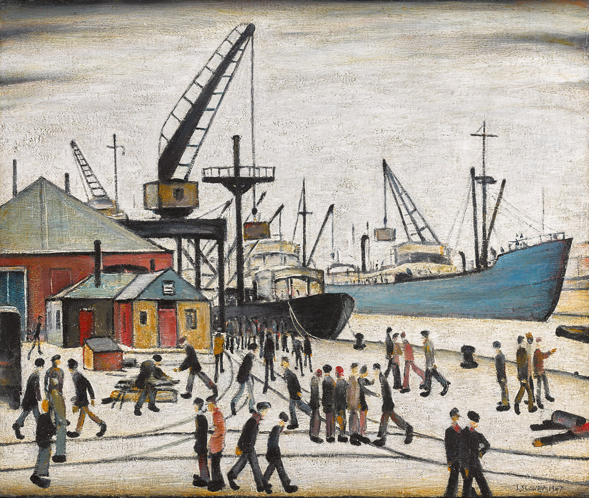 Painting of a shipping dock by L.S. Lowry