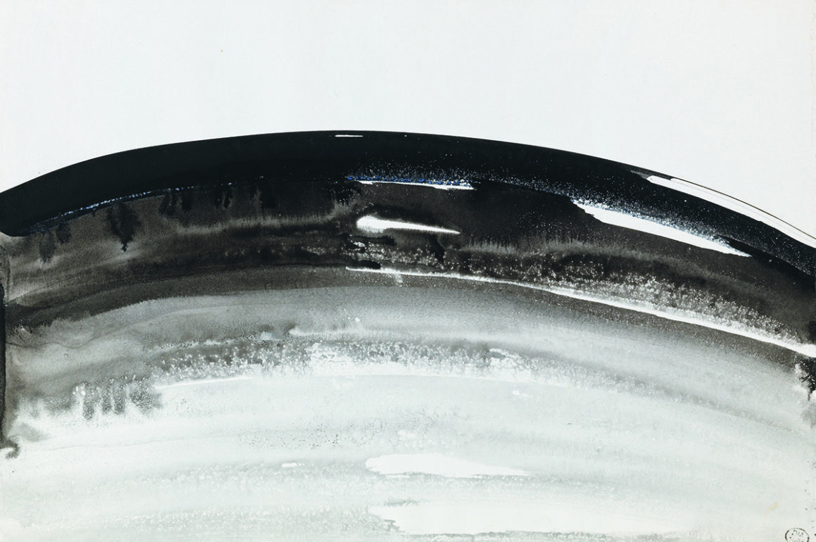 Abstract painting of a curved black line