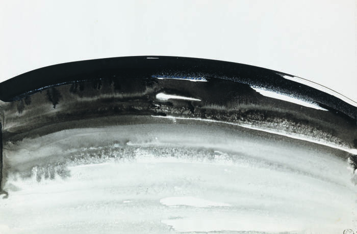 Abstract painting of a curved black line