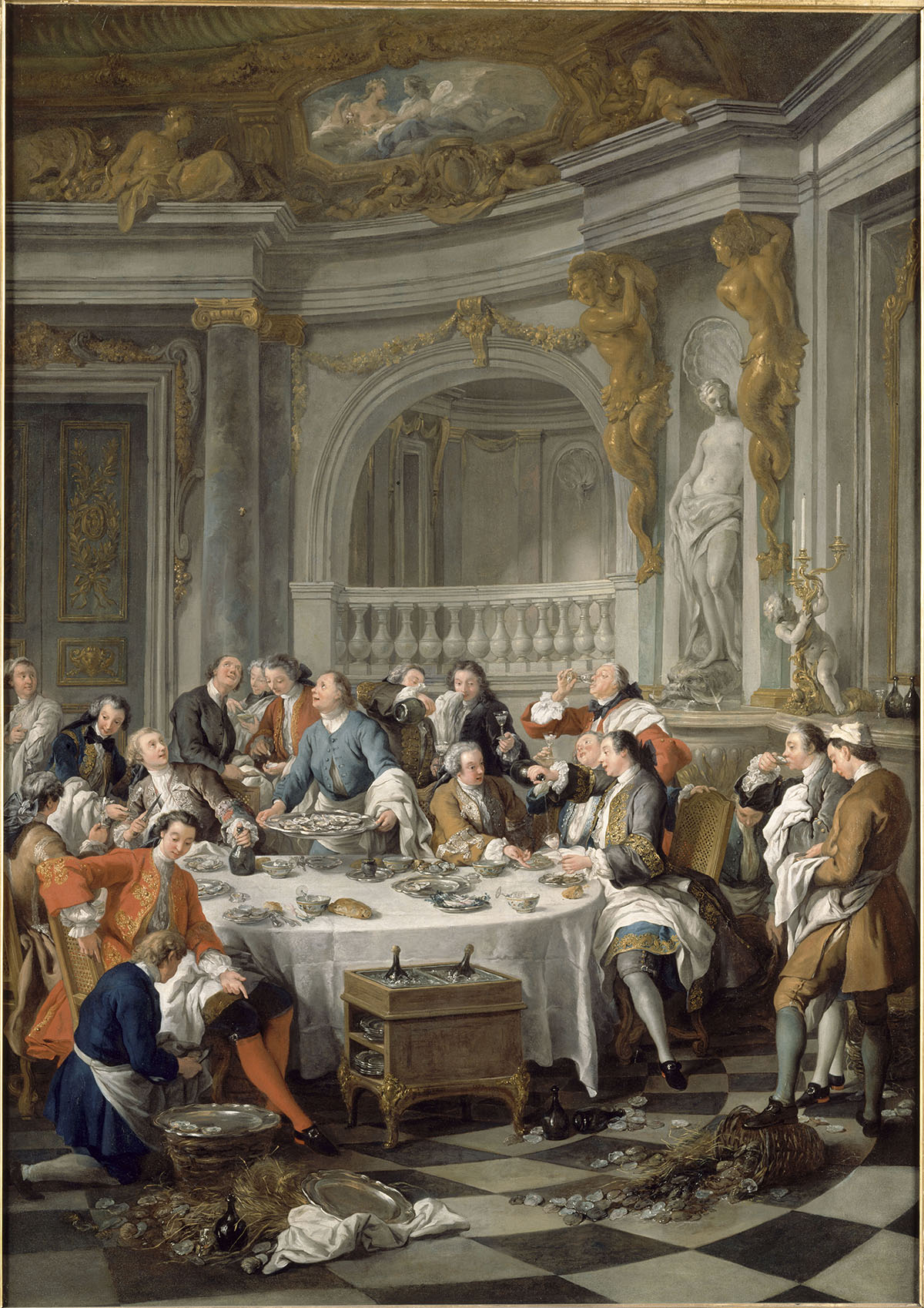Antique painting of a huge chaotic feast in a stately home