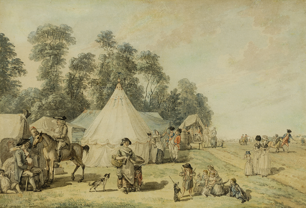 Watercolour painting of an old fashioned campsite