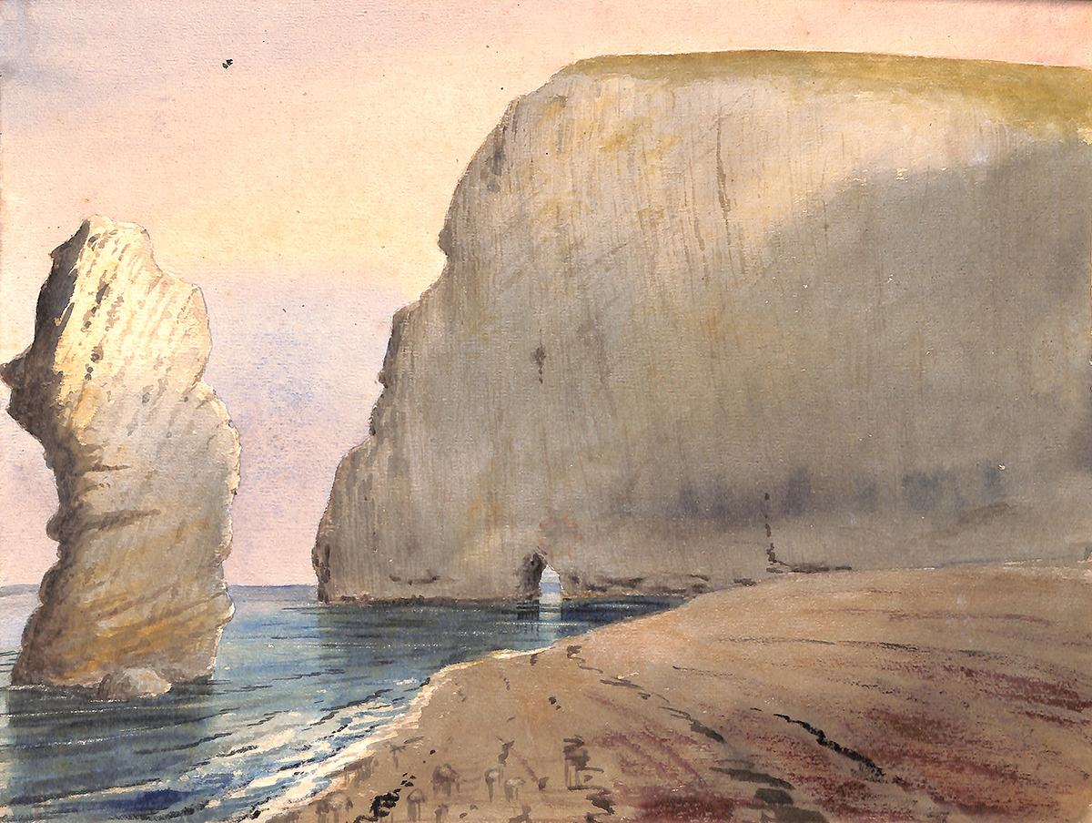 watercolour painting of cliffs and the sea