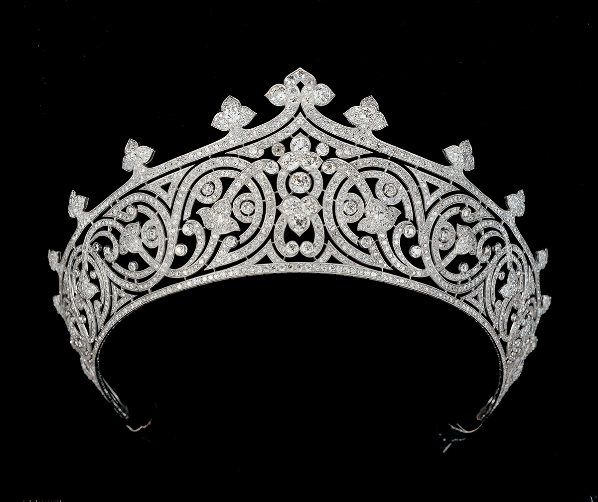 Product image of a diamond tiara against a black background
