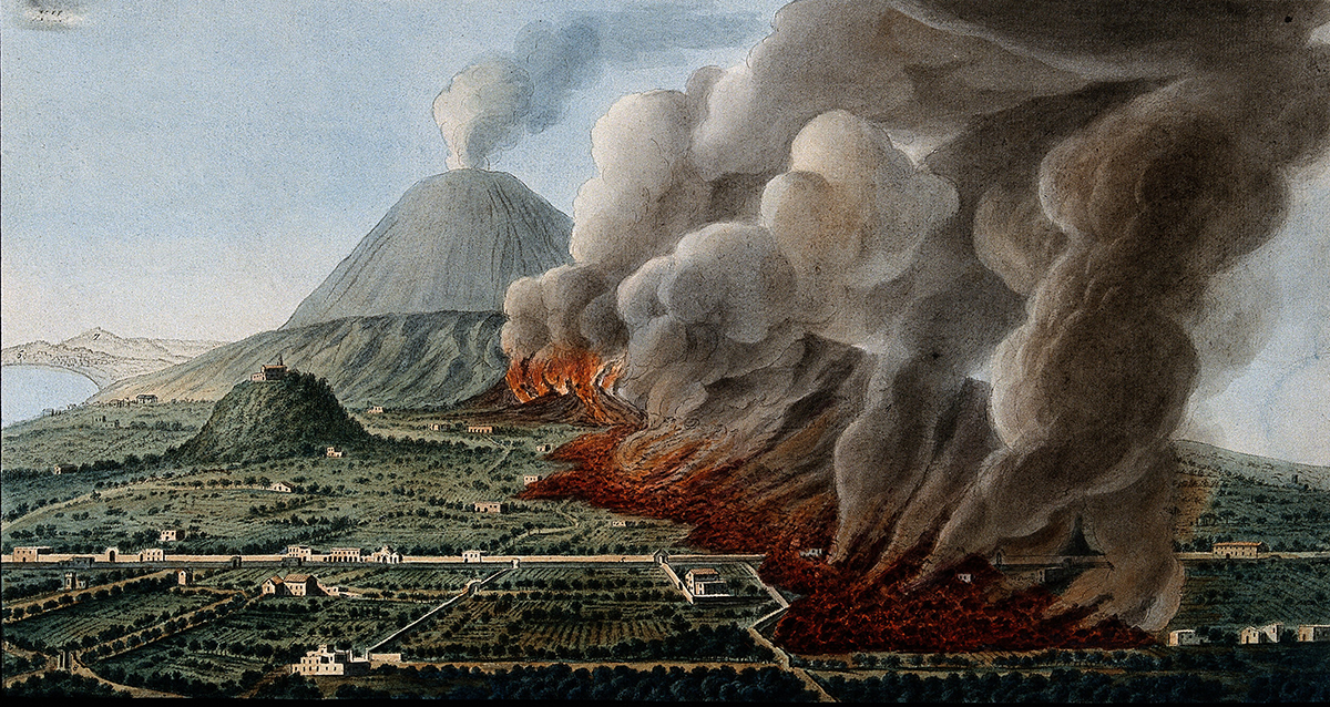 Watercolour painting of Mount Vesuvius erupting with plumes of smoke