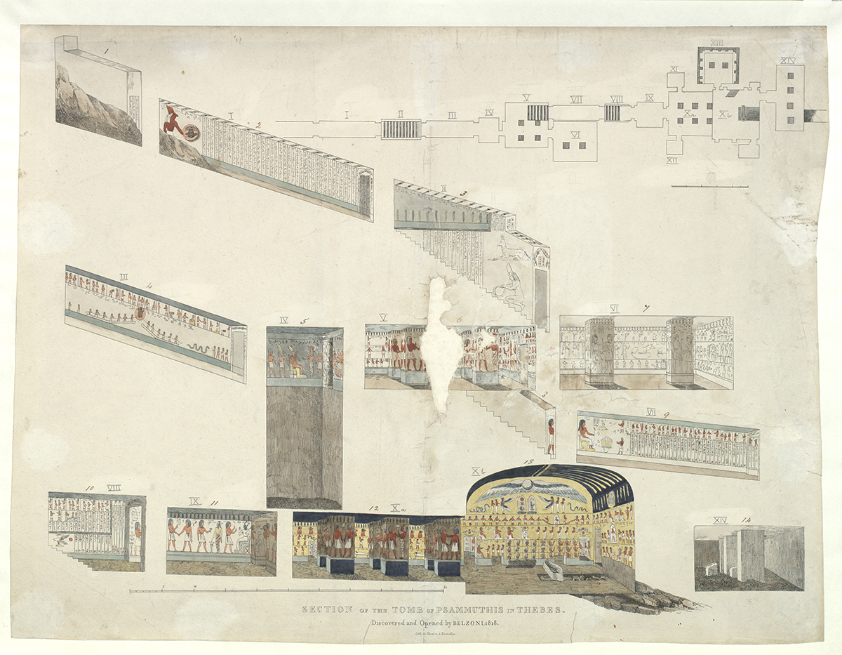 Watercolour architectural style drawing of a tomb