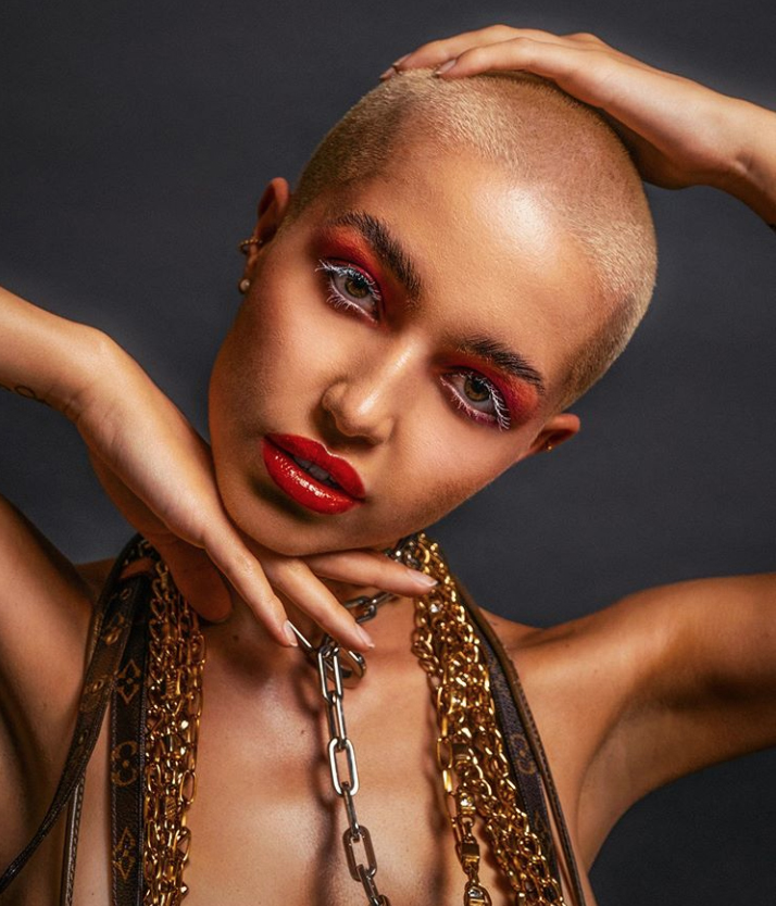 Portrait of female model with shaved head