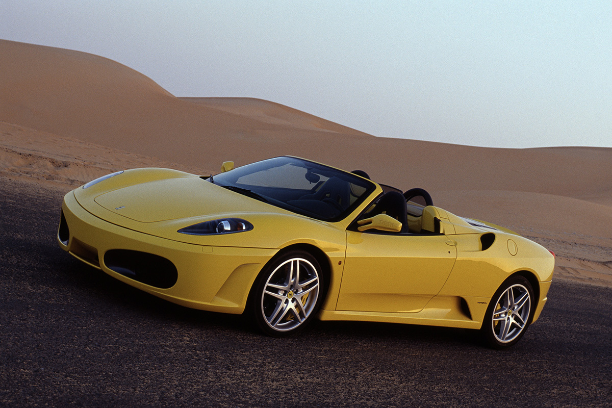Yellow Ferrari sports car pictured in the desert